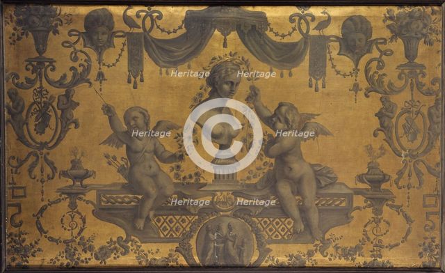 Grotesque decorative panel, two cupids crowning a bust with flowers, between 1801 and 1900. Creator: Unknown.