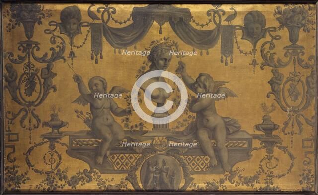 Grotesque decorative panel, two cupids crowning a bust with flowers, between 1801 and 1900. Creator: Unknown.