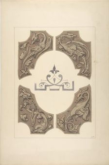 Grotesque designs featuring griffin, birds, and dolphins, 1830-97. Creators: Jules-Edmond-Charles Lachaise, Eugène-Pierre Gourdet