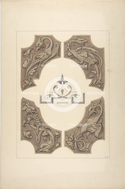 Grotesque designs featuring griffin, birds, and dolphins, 1830-97. Creators: Jules-Edmond-Charles Lachaise, Eugène-Pierre Gourdet.