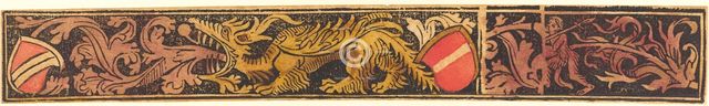Grotesque Strip with Dragon, Shields and Wild Men, c. 1475/1500. Creator: Unknown.