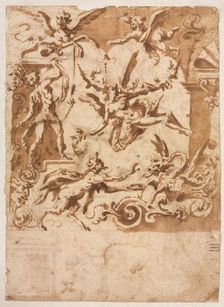 Grotesque with a Satyr Feeding a Dragon (recto), c. 1565/1588. Creator: Marco Marchetti (Italian, 1565-1588)