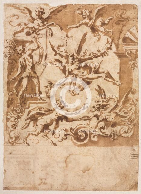 Grotesque with a Satyr Feeding a Dragon (recto), c. 1565/1588. Creator: Marco Marchetti (Italian, 1565-1588).