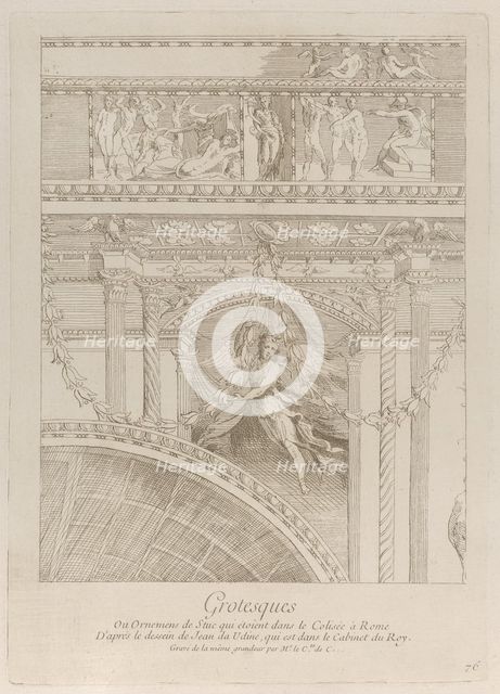 Grotesques: detail of the stucco reliefs decorating the Colosseum in Rome, with a wing..., ca. 1729. Creator: Caylus, Anne-Claude-Philippe de.