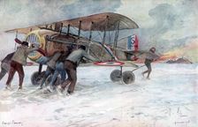 Ground crew attending to a French Spad on a snow-covered field 1918, (1926).Artist: Francois Flameng