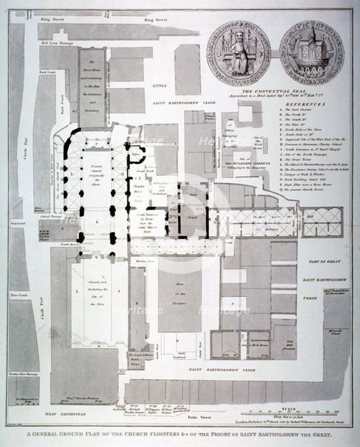 Ground plan of St Bartholomew's Priory, Smithfield, City of London, 1821.                            Artist: T Bourne