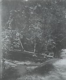 Group crossing footbridge with cameras, between 1885 and 1900. Creator: Frances Benjamin Johnston