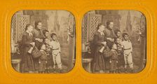 Group family portrait: elderly woman, older daughter, and four boys, about 1865. Creator: Unknown