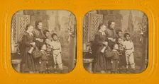 Group family portrait: elderly woman, older daughter, and four boys, about 1865. Creator: Unknown