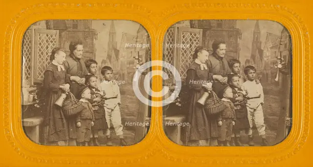 Group family portrait: elderly woman, older daughter, and four boys, about 1865. Creator: Unknown.
