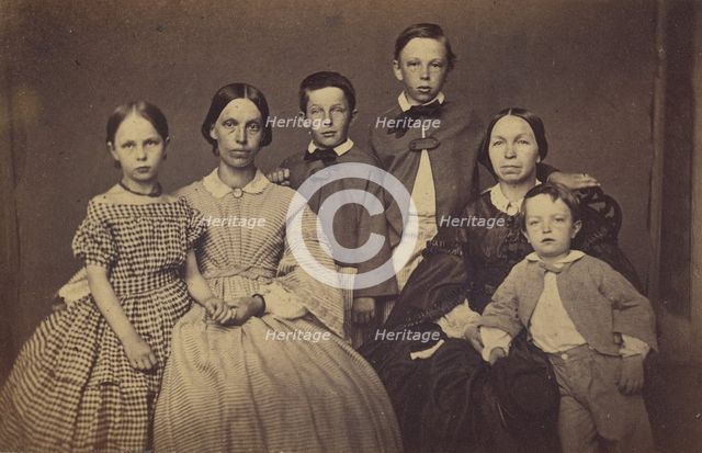 Group family portrait, two women and four children, about 1865. Creator: Unknown.