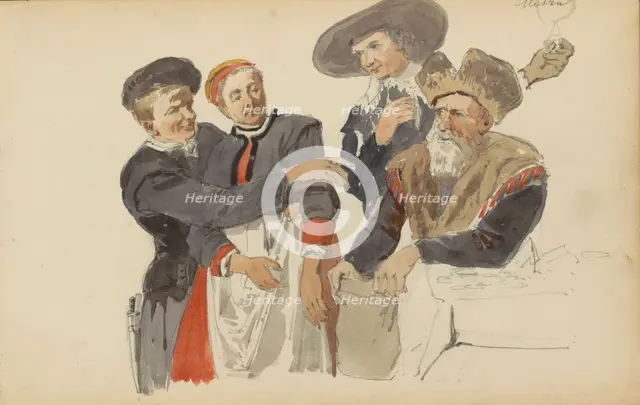 Group in seventeenth-century clothing, c. 1846-c. 1882. Creator: Cornelis Springer.