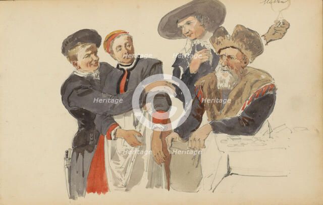 Group in seventeenth-century clothing, c. 1846-c. 1882. Creator: Cornelis Springer.