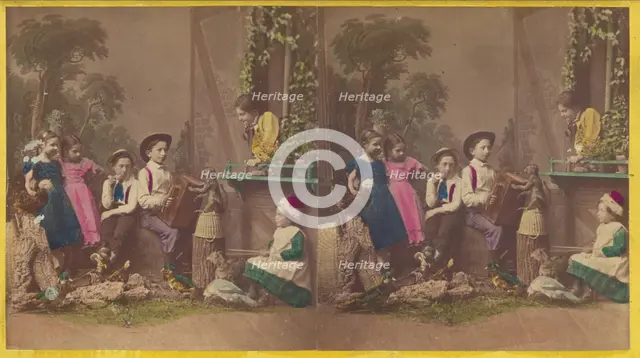 Group of children in native costume posed in a studio, one boy is playing an accordion...about 1870. Creator: Pauly Sisters.