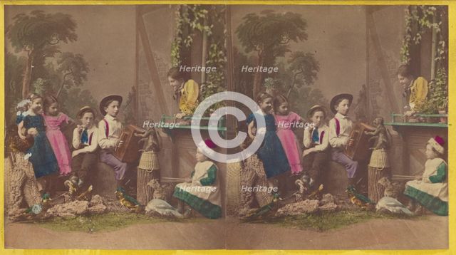 Group of children in native costume posed in a studio, one boy is playing an accordion...about 1870. Creator: Pauly Sisters.