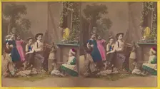 Group of children in native costume posed in a studio, one boy is playing an accordion...about 1870. Creator: Pauly Sisters