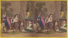 Group of children in native costume posed in a studio, one boy is playing an accordion...about 1870. Creator: Pauly Sisters