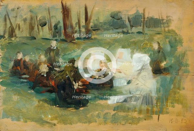 Group of children with three nuns dressed in white and a priest on a forest meadow in the sun, 1893. Creator: Otto Friedrich.
