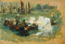 Group of children with three nuns dressed in white and a priest on a forest meadow in the sun, 1893. Creator: Otto Friedrich