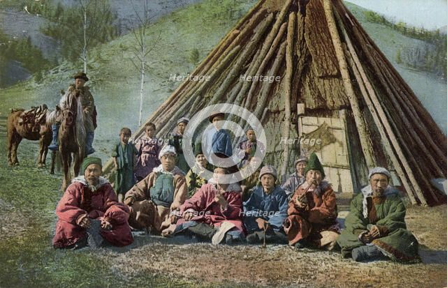 Group of Altai Beside a Dwelling (Chaadyr), Katun River Valley, 1911-1913. Creator: Sergei Ivanovich Borisov.