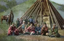 Group of Altai Beside a Dwelling (Chaadyr), Katun River Valley, 1911-1913. Creator: Sergei Ivanovich Borisov