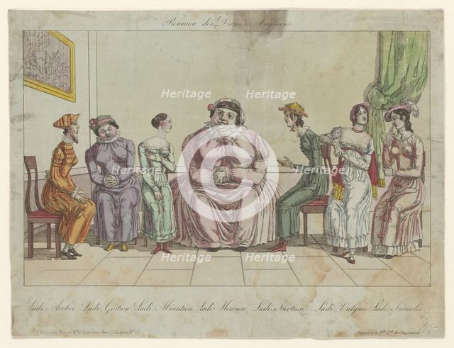 Group of English ladies seated on chairs. 1815. Creators: Anon, Paul-André Basset.