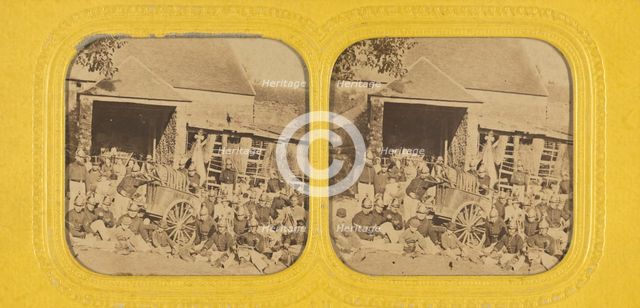 Group of firemen posed outside in front of station with wagon, 1855-1865. Creator: Jules Marinier.