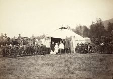 Group of Kirghiz (ie Kazakh) men posing with a local Russian Governor, his..., between 1885 and 86. Creator: Unknown