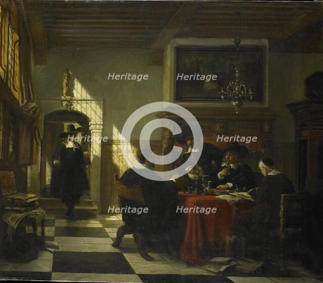 Group of men in 17th-century costume at a table with a Nautilus cup, 1873.  Creator: Johannes Anthonie Balthasar Stroebel.