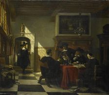 Group of men in 17th-century costume at a table with a Nautilus cup, 1873. Creator: Johannes Anthonie Balthasar Stroebel