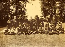 Group of men in uniform in front of a tipi, Buckinghamshire, 1913. Creator: Unknown