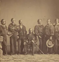 Group of military personnel, one being seated, about 1862. Creator: Mathew Brady