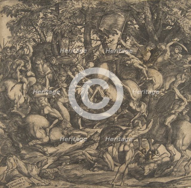 Group of naked men engaged in battle in a wooded landscape, some on horseback; a dog at lo..., 1517. Creator: Domenico Campagnola.