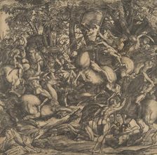 Group of naked men engaged in battle in a wooded landscape, some on horseback; a dog at lo..., 1517. Creator: Domenico Campagnola