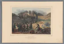 Group of soldiers file through an opening in the palisade, 1832, (1833). Creator: Auguste Raffet