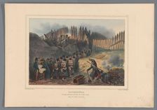 Group of soldiers file through an opening in the palisade, 1832, (1833). Creator: Auguste Raffet