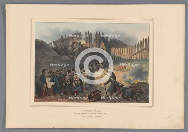 Group of soldiers file through an opening in the palisade, 1832, (1833).  Creator: Auguste Raffet.