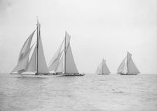 Group of sailing cutters racing: Ma'oona Bloodhound Sonya and Creole 1913. Creator: Kirk & Sons of Cowes