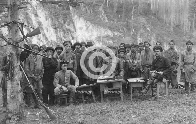 Group of Shoria Men with Members of the Land-Management Expedition, 1913. Creator: GI Ivanov.