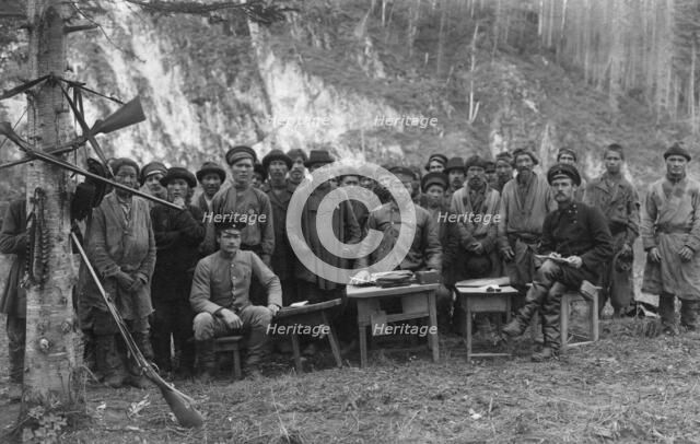 Group of Shoria Men with Members of the Land-Management Expedition, 1913. Creator: GI Ivanov.