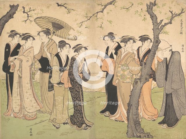 Group of Six Geisha Under the Cherry Trees on Gotenyama, ca. 1785. Creator: Torii Kiyonaga.