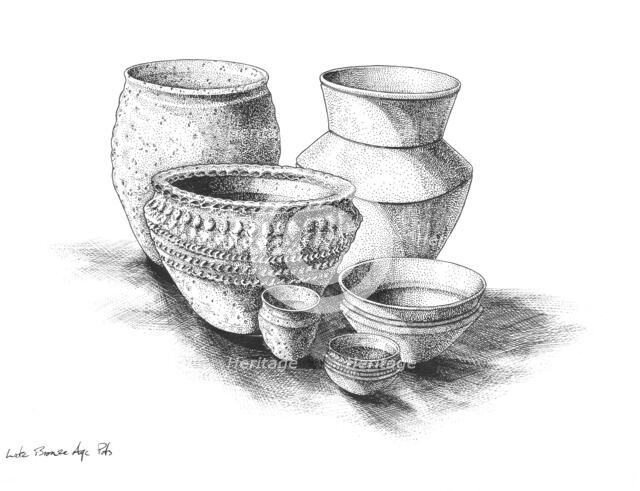 Group of pots from late Bronze Age Britain. Artist: Peter Dunn.