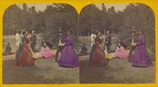 Group of people at a park with a lake, about 1870. Creator: Unknown