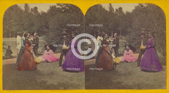 Group of people at a park with a lake, about 1870. Creator: Unknown.