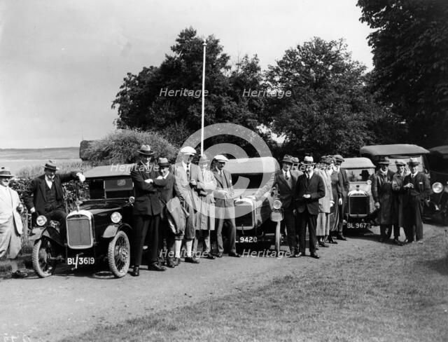 Group of people and cars on a country road, (c1930s?). Artist: Unknown