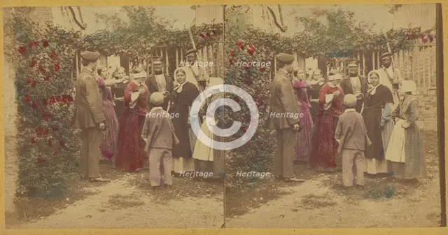 Group of people playing a game in the garden, one woman is blindfolded, about 1865. Creator: Unknown.