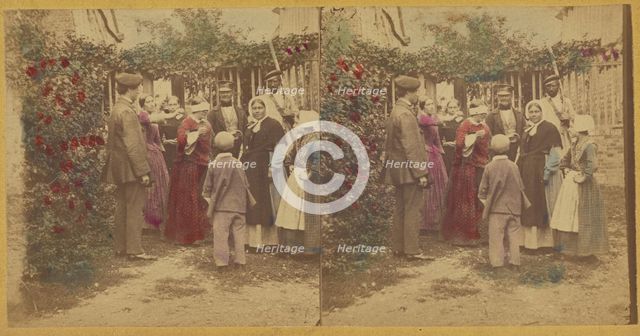 Group of people playing a game in the garden, one woman is blindfolded, about 1865. Creator: Unknown.