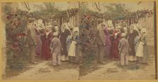 Group of people playing a game in the garden, one woman is blindfolded, about 1865. Creator: Unknown