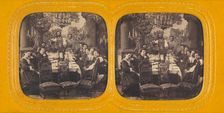 Group of people seated around a dining table, 1860s. Creator: E Lamy