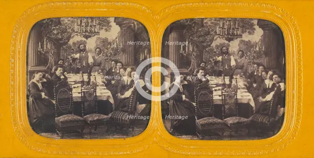 Group of people seated around a dining table, 1860s. Creator: E Lamy.